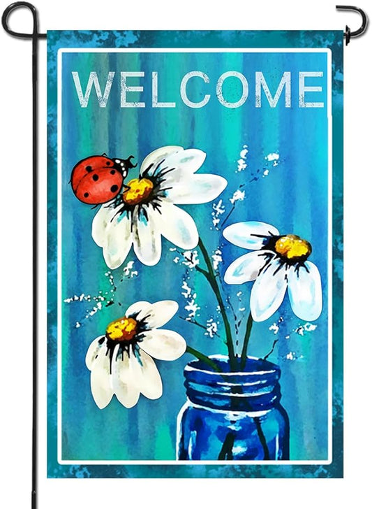 Anley Double Sided Premium Garden Flag, Spring Summer Daisy Jar and Ladybug Welcome Decorative Garden Flags for Home Decor - Weather Resistant & Double Stitched Yard Flags - 18 x 12.5 Inch