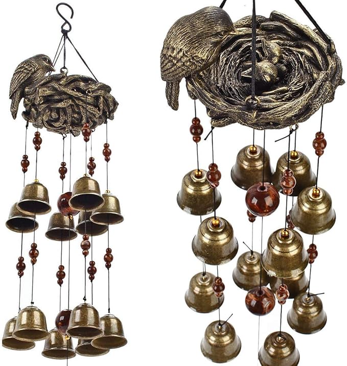 Bird Nest Wind Chime, Bird Bells Chimes with 12 Wind Bells for Glory Mother’s Love Gift, Garden Backyard Church Hanging Decor, Bronze