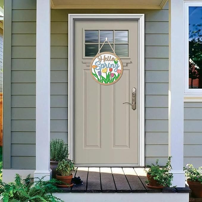 HOURIA 3D Bright Hello Spring Front Door Decor,11.4”Inches Colorful Tulip Flower Wood Hanging Sign for Wreath,Rustic Farmhouse Spring Floral Welcome Decorations for Indoor Outdoor Home Porch Office