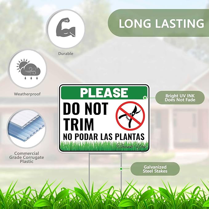 2PC Do Not Trim Signs in English and Spanish with Stakes, 12 Inches by 9 Inches - Corrugated Plastic - Bilingual Do Not Trim Garden Signs