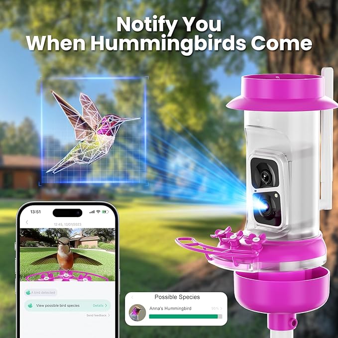 Soliom Hummingbird Feeder with Camera, Smart Feeder Camera with 2K Live View AI Identify, Leak Proof&Ant Moat&Bee Proof, Outdoor Pole/Hook Hanging, Ideal Gift for Family, 16 OZ Pink