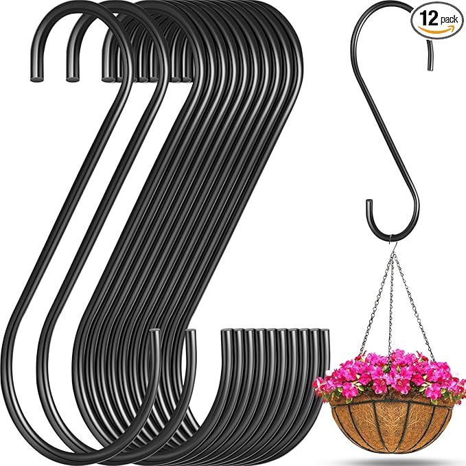 12 Pack 12 Inch S Hooks for Hanging Plants Black Metal Plant Hanger Outdoor Hanging Tree Hooks for Branch, Bird Feeder, Basket, Lantern, Indoor Closet Garden