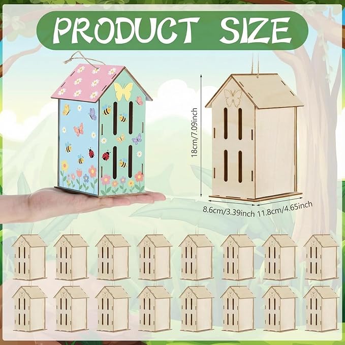 DoubleFill 12 Pack Wood Butterfly House Painting Crafts Kits My First Butterfly House DIY Art Craft Kit with Hemp Rope DIY Cedar Wooden Birdhouse for Building Bee Ladybug Habitat, No Paint