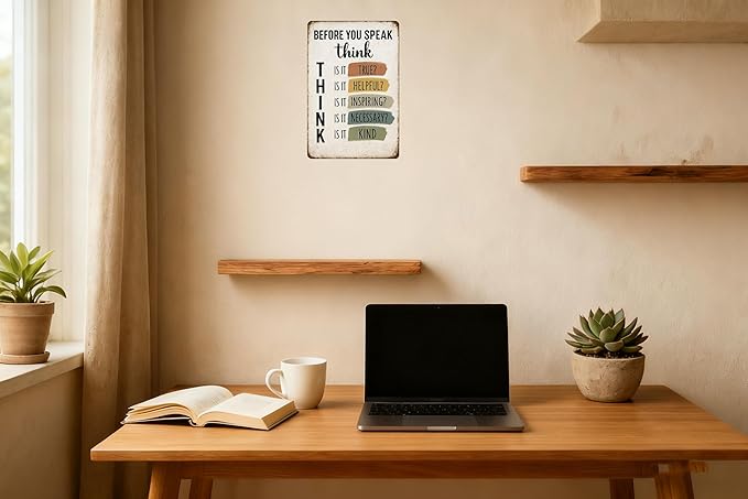 motivational wall decor for office-Before You Speak Think Metal Sign – Vintage Inspirational Quote Wall Decor for Classroom, Office, or Home – Motivational Gift for Teachers, Students, and Families (THINK-sign)