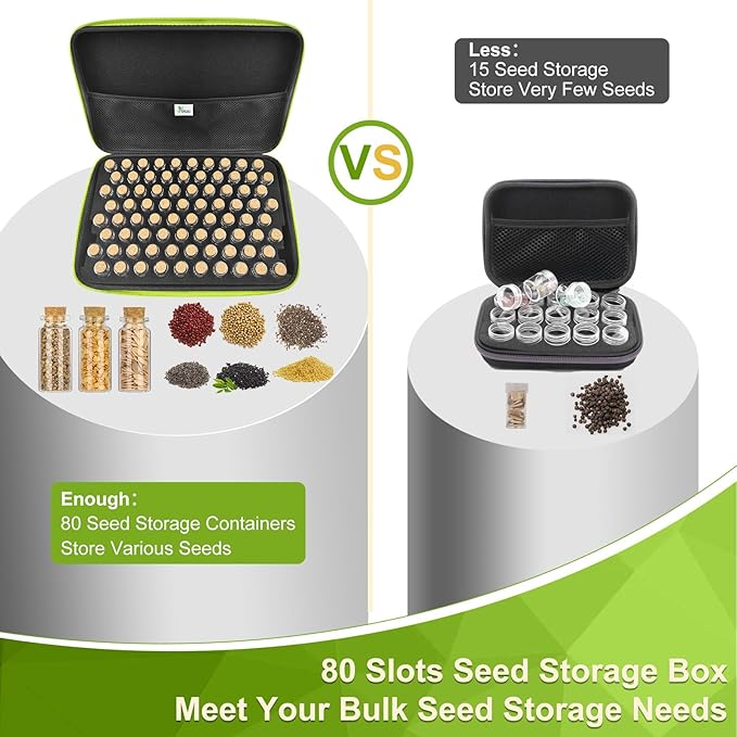 【80 Slots】 Seed Storage Organizer, Sturdy Organizer Box with Dual Zipper Bag and 84Pcs Label Stickers, Glass Seed Storage Container for Flower Vegetable Plants Garden Seeds Saving, Green