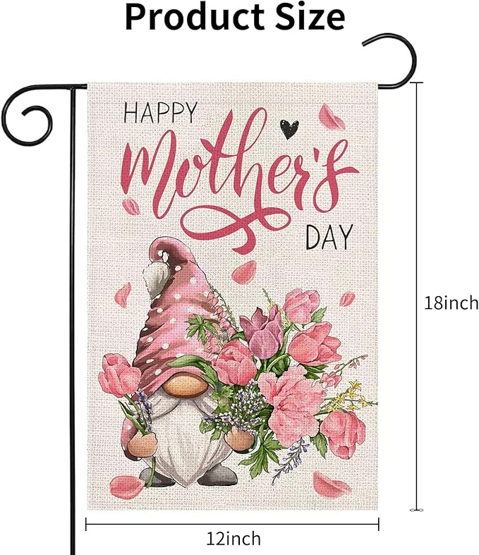 Mother's Day Garden Flag 12x18 Inch - Cute Gnome with Pink Flower Bouquet, Double-Sided "Happy Mother's Day" Outdoor Decor for Patio Yard Mom Gifts
