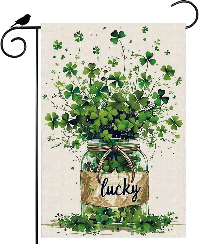Lucky St. Patrick's Day Green Shamrocks Four-leaf Clovers Glass Bottle Garden Flag Yard Flag 12x18 Inch Double Sided Small Mini Yard Outdoor Outside Holiday Decoration