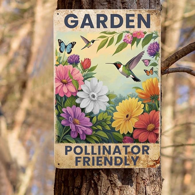 Garden Signs Pollinator Friendly Metal Tin Signs Flowers Signs 8x12 Inch Outdoor Wall Decor