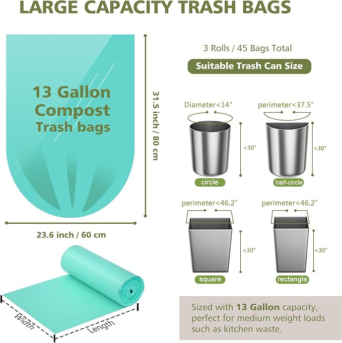 AYOTEE Compostable Trash Bags 13 Gallon Tall Kitchen, 45 Count Biodegradable Trash Bags 13 Gallon Garbage Bag, Large Compost Bag for Kitchen Bathroom Home Office