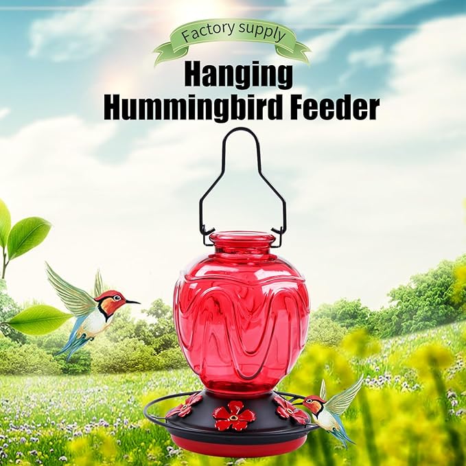 2 Pack Glass Hummingbird Feeder for Outdoors Hanging, 24Ozs Humming Bird Nectar Feeder w/Perch, 5 Flower Feeding Ports, Leak Proof Base and Hook for Outside Garden Backyard Decor, Red