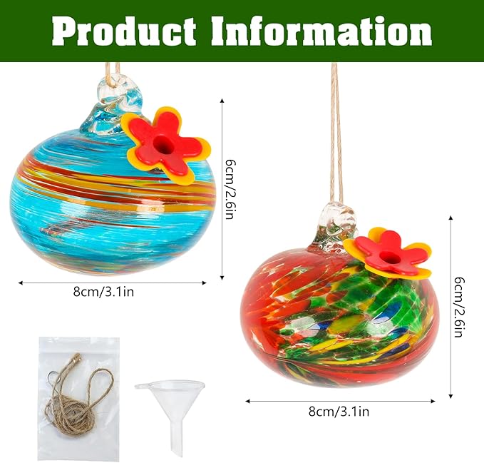2 Pcs Blown Glass Hummingbird Feeder for Outdoors Hanging, Ant & Bee Resistant Window Bird FeederHandmade Garden Decor Gift for Women - Small Round Glass Feeders Bundle (Ellipse B2)