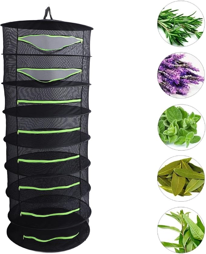 Herb Drying Rack, Opening Design, Fluorescent Green Zipper Cover, Multifunctional Wateright Hanging Mesh, Herb Dry Net for Garden (8 Layer)