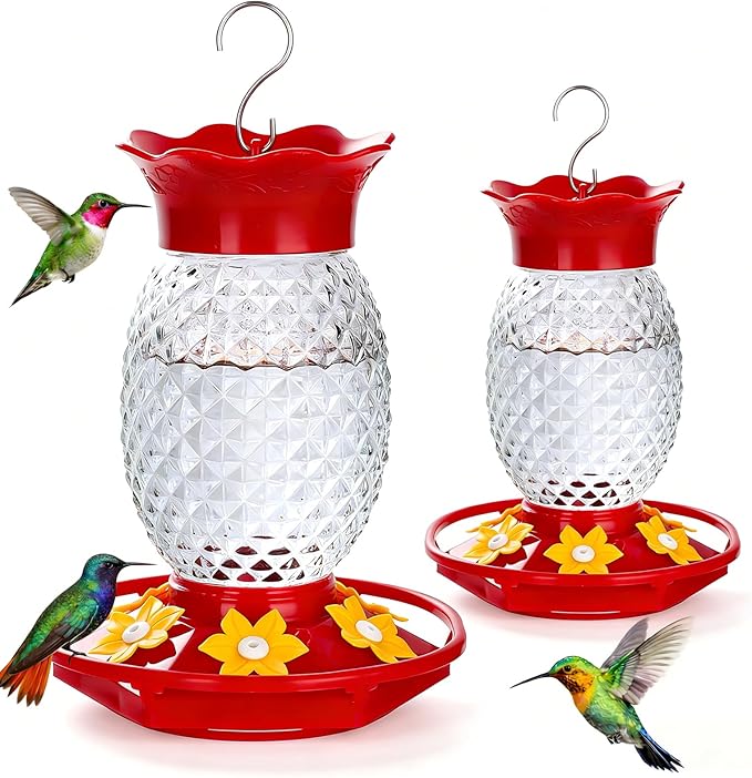 Glass Hummingbird Feeders for Outdoors Hanging Ant and Bee Proof 16OZ 2 Pack Clear Pineapple Humming Bird Feeder with 6 Feeding Ports and Ant Moat Hummingbird Gifts for Women Garden Decor