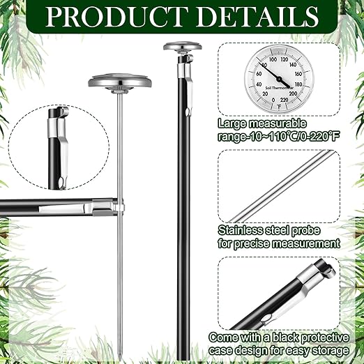 2 Pieces Stainless Steel Soil Thermometer 7.5 Inch Stem 0-220 Degrees Fahrenheit Range Soil Temperature Thermometer for Ground, Compost, Garden