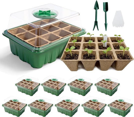 Seed Starter Tray Kit 10 Pack, Seed Starting Trays with Humidity Dome (120 Cells Total), Plant Germination Trays Complete Mini Greenhouse for Seed Growing & Seedlings