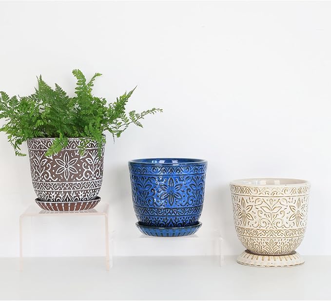 Gepege 6 Inch White Ceramic Planter, Plant Pot with Drainage Holes and Saucers for Indoor Plants, Birthday for Women Mom