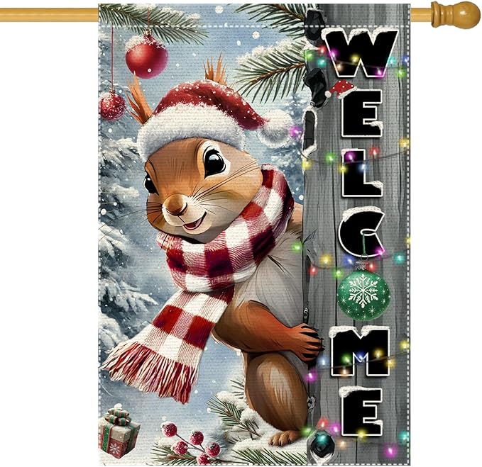 Christmas Garden Flag 28x40 inch The Nut Squirrel Welcome XMAS winter Garden Flags Yard Porch House Flag Double-Side For Home Outdoor Yard Patio Lawn Decor,Happy New Year merry Christmas banners for outside Decorations (RMQ-85, 28"X40")