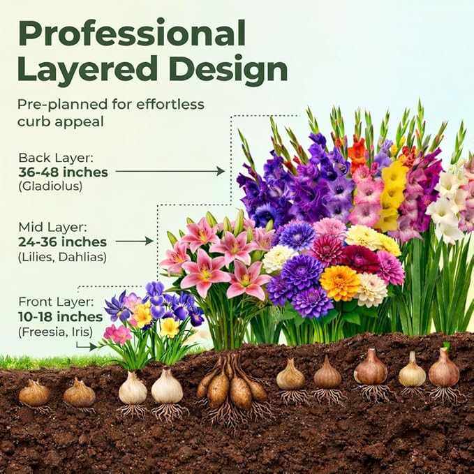 Luxury Front-Yard Colorful Dream Bulb Collection (32 Bulbs) — Dahlias, Gladiolus, Lilies, Dutch Iris & Freesia | Easy to Plant | Pollinator Garden, Deer-Resistant | Spring Planting, Summer Bloom