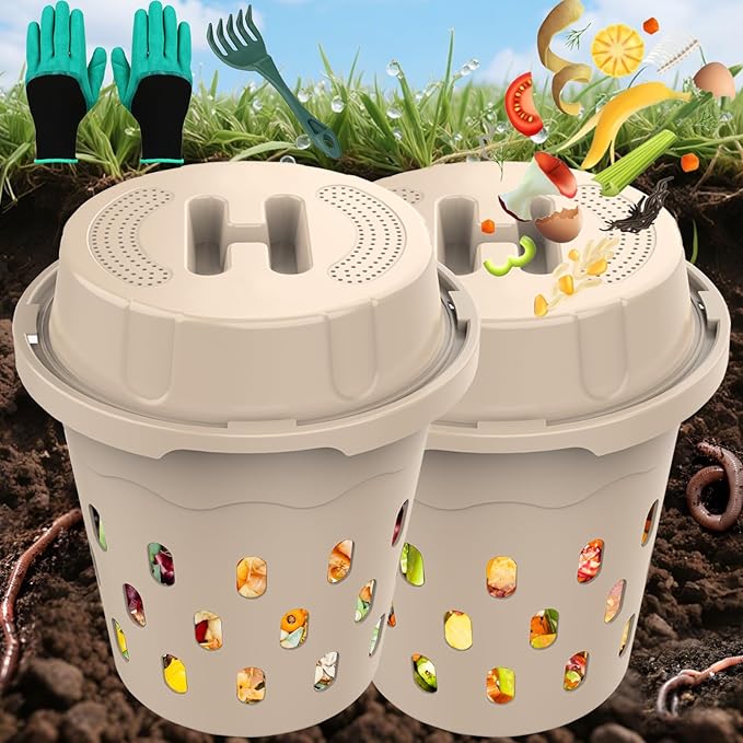 2-Pack Inground Worm Composter, 8L Outdoor Worm Farm, Worm Compost Bin for Garden Beds & Home Use, Vermicomposting Bin for Recycling Food Waste (9.5x9.5x10.8Inch), Beige