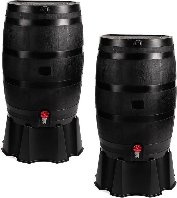 RTS Home Accents 50-Gallon ECO Rain Barrel Made with 100% Recycled Plastic, Flat Back Rain Water Collection Barrel, Stand and Link Kit Included, Black (2 Pack)