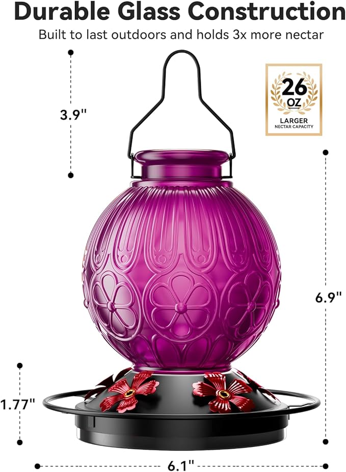 26Oz Hummingbird Feeder for Outdoors, Vintage Glass Bird Feeder with Perch, Durable & Easy to Clean, Hanging Nectar Feeder for Garden, Yard, Deck – Gifts for Women Mom (Violet)