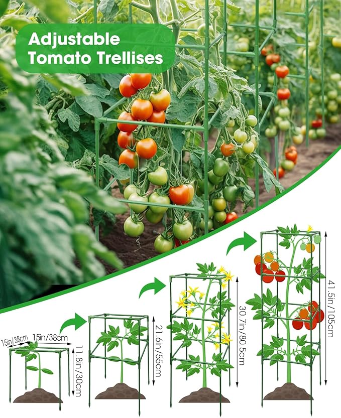 3 Pack Tomato Cages for Garden - Heavy Duty Square Tomato Plant Support Stakes, Height-Adjustable Tomato Trellis, Tomato Plant Cage for Raised Beds/Pots (Holds 50 Lbs)