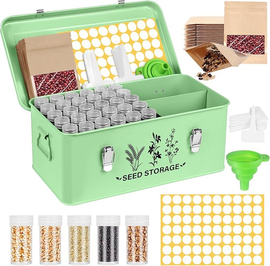 Seed Storage Box Organizer - Metal Garden Seed Storage Container Kit with 60 Vials, 30 Plant Tags, 20 Envelopes, Funnel & Labels - Moisture-Proof Seed Bank for Long Term Storage