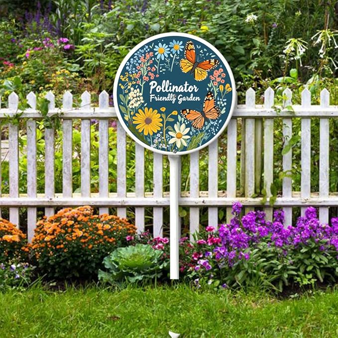 Pollinator Friendly Garden Sign with Stake Outdoor Aluminum Yard Sign Rustproof Aluminum Metal Sign Fade Resistant Lawn Decoration 9.2x9.2inch