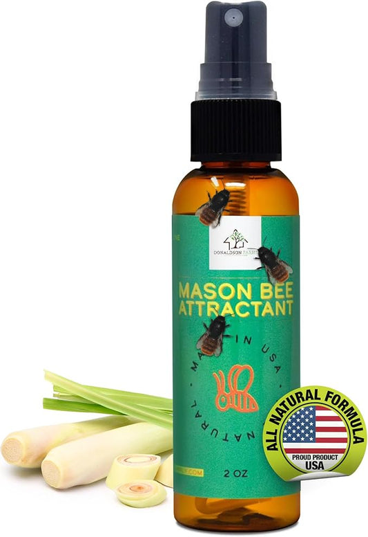 Mason Bee Attractant Spray – Made with Natural Lemongrass Oil to Lure Pollinating Bees, Easy to Use Garden Spray for Bee Houses, Nests, Flowering Plants & Fruit Trees – 2 oz