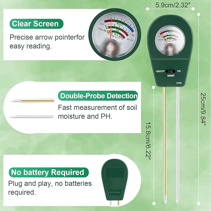 Adoric Soil Meter, 3-in-1 Soil PH/Moisture/Fertility Garden Soil Tester for Plants, Home, Farm, Lawn, Farm, Indoor & Outdoor (No Battery Needed)