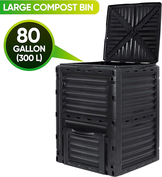 SUPER DEAL 80 Gallon Compost Bin, Outdoor 300 L Garden Composter, Large Capacity BPA Free Material for Fast Creation of Fertile Soil, Easy to Assemble, Black (Black, 80 Gallon)