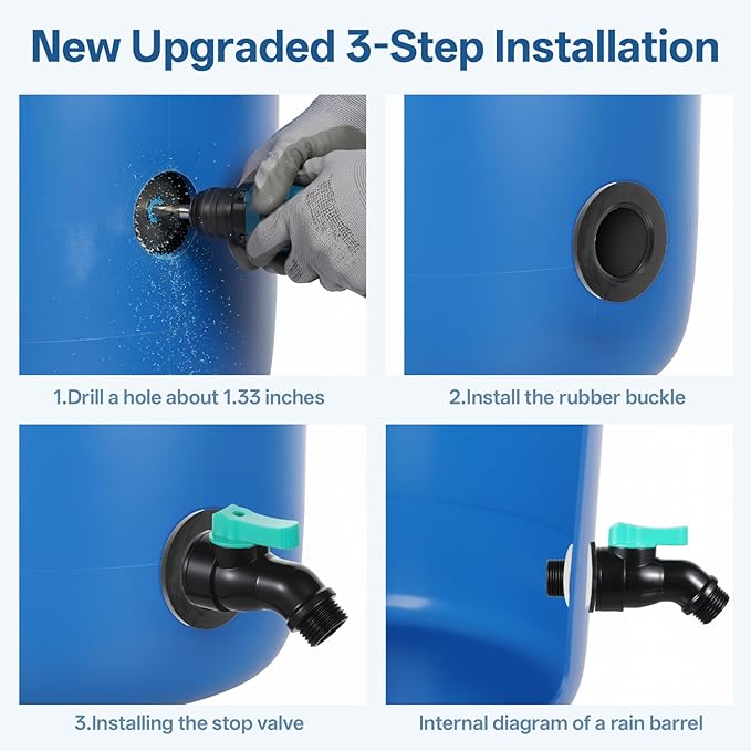 Rain Barrel Spigot Kit Plastic High Flow Rain Barrel Faucet 3/4" NPT to 3/4" GHT Barrel Valve No Inside Access Needed for Outdoor Plastic Bucket Rainwater Drums Garden
