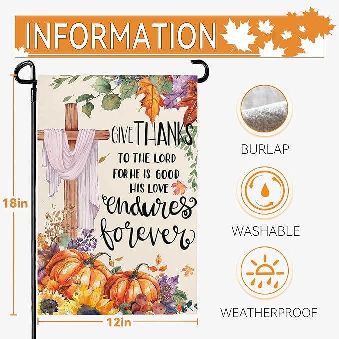 Thanksgiving Garden Flag 12x18 Inch Double Sided Give Thanks to The Lord Cross Yard Garden Flags Burlap Outdoor Fall Pumpkins Flag Holiday Decorations for Outside Home
