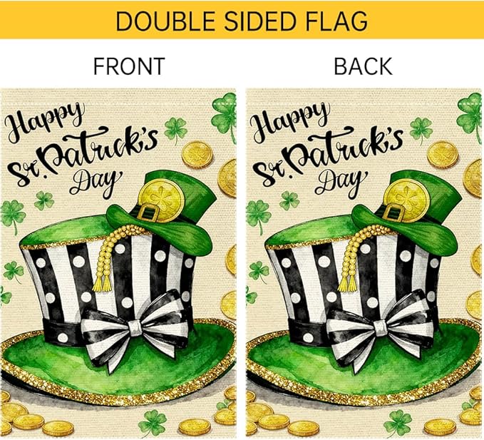Happy St Patrick's Day Garden Flag 12x18 Inch Double Sided Burlap St Patrick's Day Leprechaun Hat Gold Coins Shamrocks Outdoor Decorations