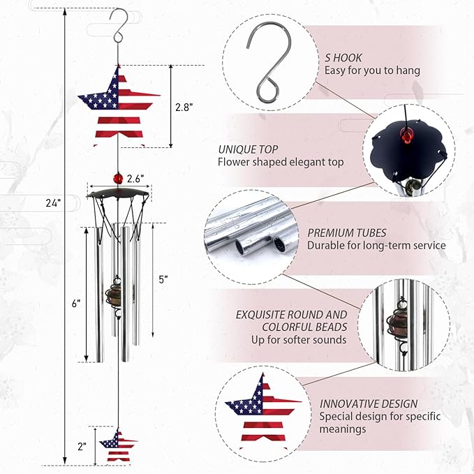 Wind Chimes for Outside 24" Wind Chime Outdoor Veteran Gifts for Home Patio Outdoor Windchimes Outdoors Small Wind Chimes for Outside -Christmas Birthday,
