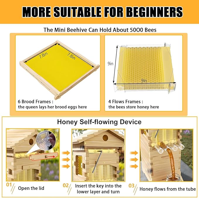 Beehive Starter Kit,Self-Flowing Wooden Bee Box,with Observation Window and Honey Spout,Bee Hive Complete Kit,for Beekeeping,Garden Pollinators