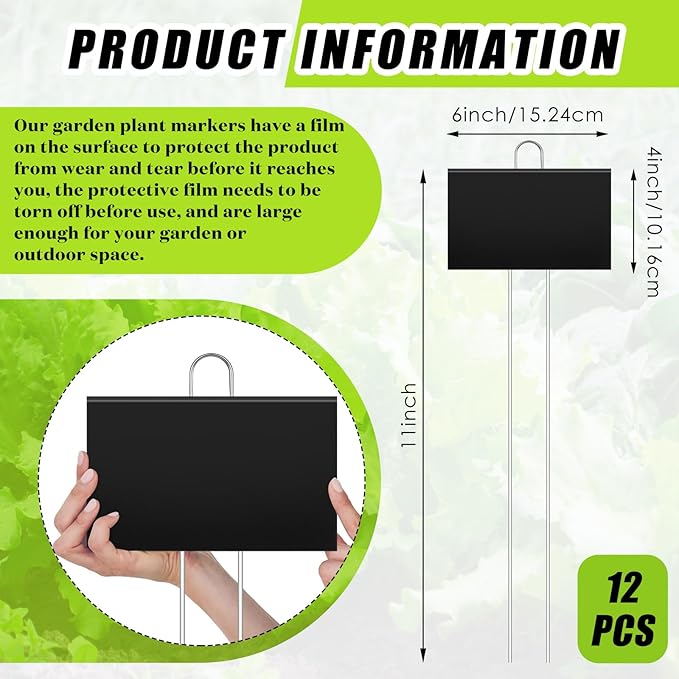 Landhoow 12 Pcs Large Garden Plant Markers Metal Plant Labels Sign 4'' x 6'' with 11'' Stake Weatherproof Waterproof Garden Sign for Outdoor Seedlings Herbs Vegetable Greenhouse, Black