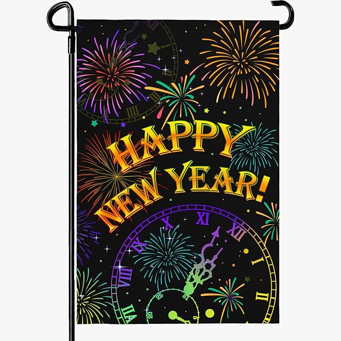 Happy New Year Garden Flags Firework Sparkle Night Sky Yard Flag 12x18 Inch Double Sided New Year Decorations for Outside lawn Celebrate Party Flag