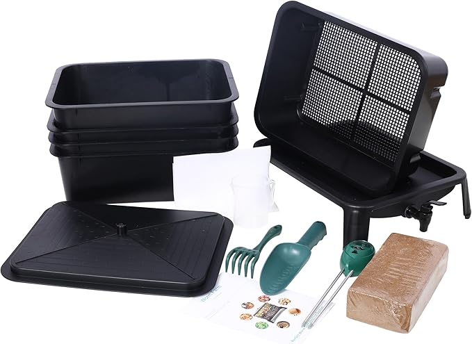 5-Layer Worm Bin with Worm Farm Kit, 50L Worm Composter Indoor & Outdoor with A Tap for Recycling Food Waste, Worm Castings, Easy Setup (Black, 5-Layer)
