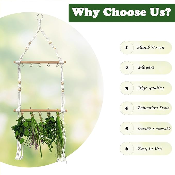 Herb Drying Rack Hanging Macrame Boho Plant Dryer Racks Two-Layer Handcrafted Woven Air Dry Herbal Hangers with S-Shaped Hook 32Ft Jute Twine for Spices Weed Flowers