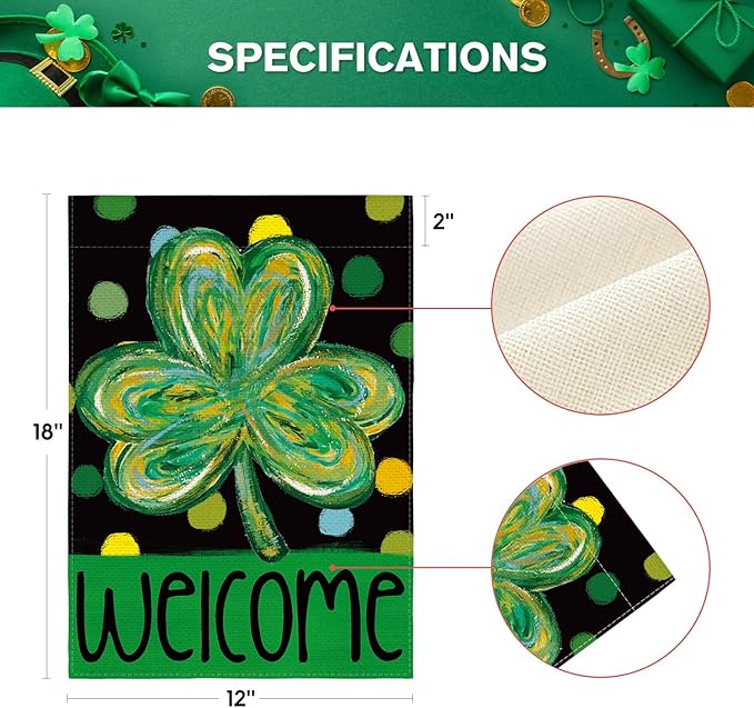 AVOIN colorlife St Patricks Day Garden Flag 12x18 Inch Double Sided Outside, Shamrock Clover Polka Dots Welcome Holiday Yard Outdoor Flag