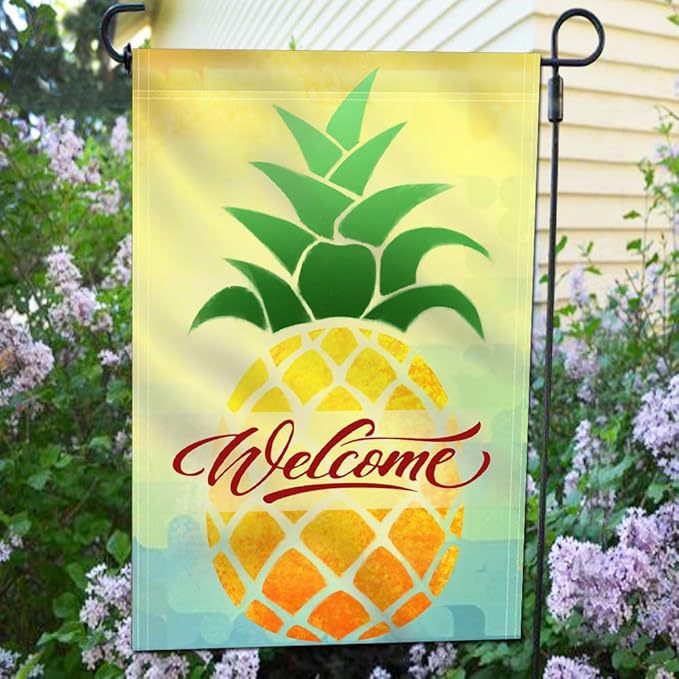 Anley Double Sided Premium Garden Flag, Cartoon Pineapple Welcome Spring Summer Decorative Garden Flags for Home Decor - Weather Resistant & Double Stitched Yard Flags - 18 x 12.5 Inch