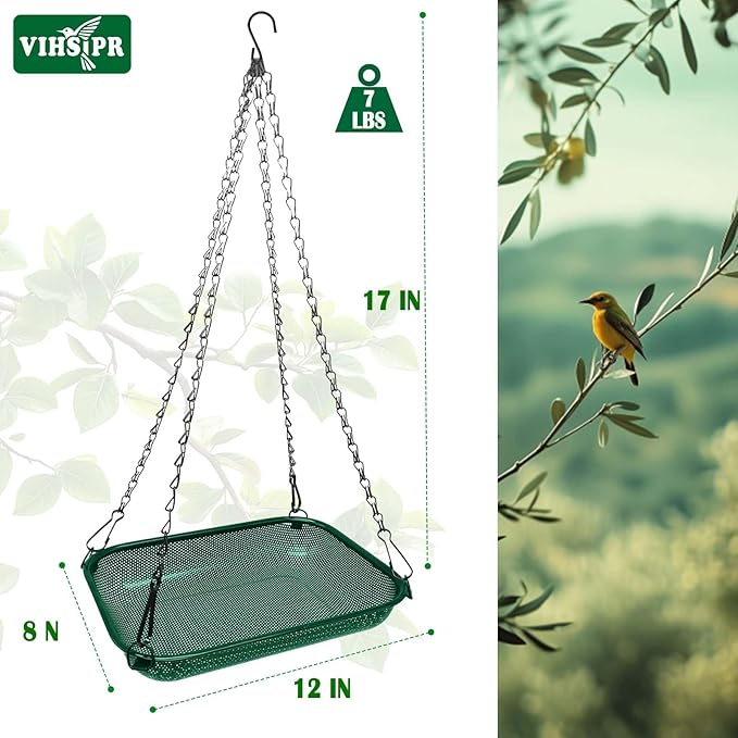 Platform Hanging Bird Feeder for Outdoors – Metal Mesh Seed Tray to Attract Wild Birds, Rectangle 12 x 8 in, Green