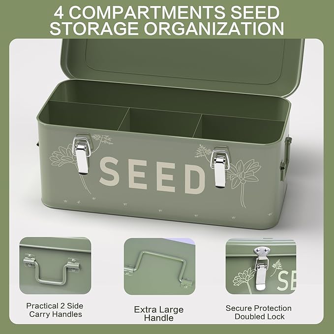 Orionstar Metal Seed Storage Organizer Kit with 30 Bottles & Envelopes, 4 Compartment Locking Box for Gardening Heirloom Flower Vegetable Preservation, Vintage Dark Green Gardener Gift