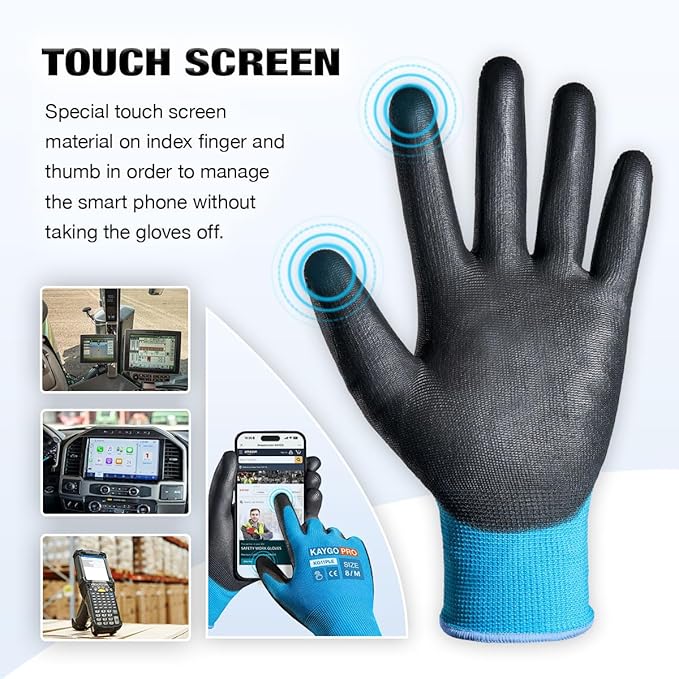Work Gloves PU Coated for Men and Women, 12 Pairs Safety Work Gloves with Two Fingers Touchscreen, Breathable and Lightweight,Ideal for Light Warehouse, Manufacturing, Gardening, KG11P (S, Blue)