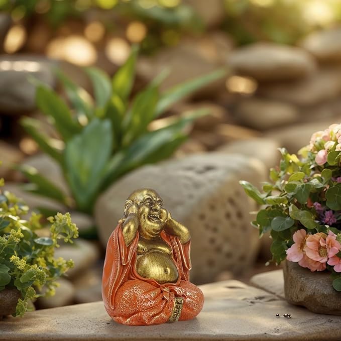 Laughing Buddha Statue - Gold Small Buddha Statues with Three Color Clothes for Home Decor (No See, No Speak, No Hear) - House Decor, Meditation & Feng Shui Gift (5.5 * 4.7 * 6.7") (Orange)