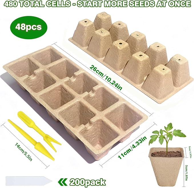 480 Cells Seed Starter Tray, 48 Pack Biodegradable Peat Pots with 200 Labels, Germination Plant Starter Kit for Seedlings