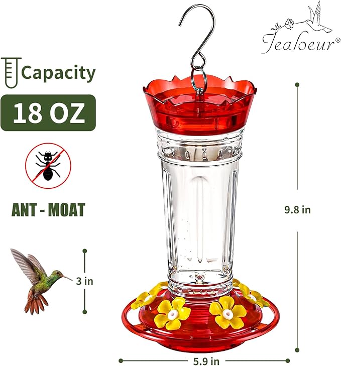 Hummingbird Feeder for Outdoors Hanging, 18 OZ Humming Birds Feeders with 6 Bee Guard Feeding Ports & Built-in Ant Moat, Easy to Clean, Durable Outdoor Garden Decor(Clear B 1 Pack)