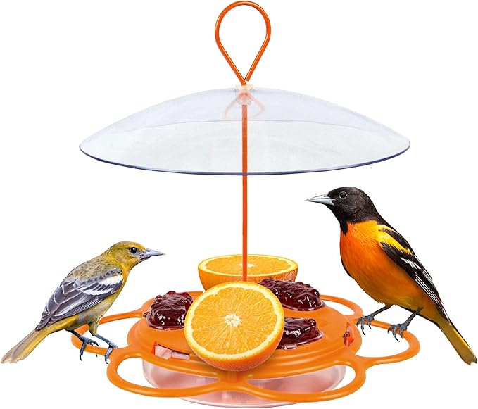 Nature’s Way Multi-Station Oriole Feeding Center with Ant Moat & Weather Baffle, Metal & Plastic Wild Bird Feeder, 12 oz Nectar Capacity, Orange