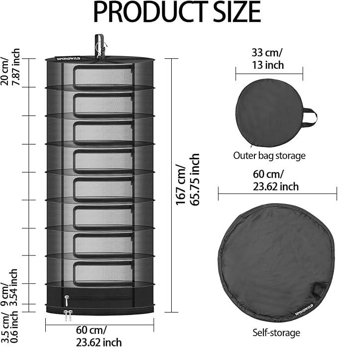 Herb Drying Rack Hanging Mesh, Large 9 Layer Plant Drying Rack with Door Type Zipper & Closed Storage Compartment for Folding Basket Dryer Fiting in Grow Tents, Garden Outdoor